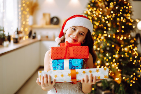 Happy female child in Santa red hat holding Christmas gifts.Smiling little girl posing with presentsの写真素材
