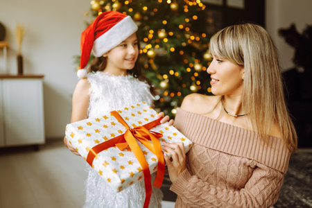 Happy mom and her cute daughter girl exchanging gifts. Merry Christmas and Happy Holidays.の写真素材