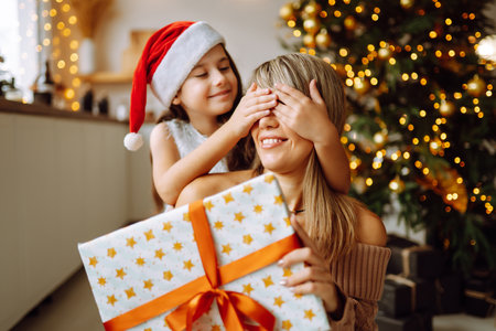 Happy mom and her cute daughter girl exchanging gifts. Merry Christmas and Happy Holidays.の写真素材