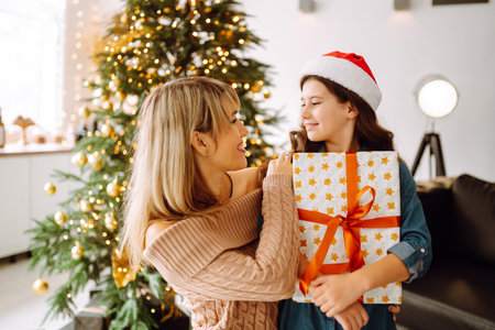 Happy mom and her cute daughter girl exchanging gifts. Merry Christmas and Happy Holidays.の写真素材