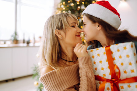 Happy mom and her cute daughter girl exchanging gifts. Merry Christmas and Happy Holidays.の写真素材