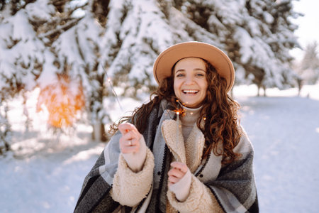 Pretty Woman holding a giftbox with red ribbon in the winter park. Happy winter time. new year's.の写真素材