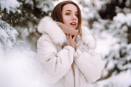 Beautiful woman in winter clothes posing in a snowy park. Young lady walking in a sunny winter day.の写真素材