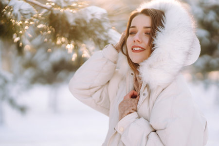 Beautiful woman in winter clothes posing in a snowy park. Young lady walking in a sunny winter day.の写真素材