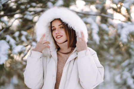 Beautiful woman in winter clothes posing in a snowy park. Young lady walking in a sunny winter day.の写真素材