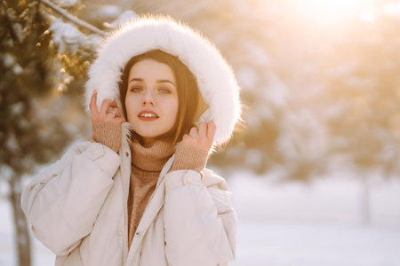 Beautiful woman in winter clothes posing in a snowy park. Young lady walking in a sunny winter day.の写真素材