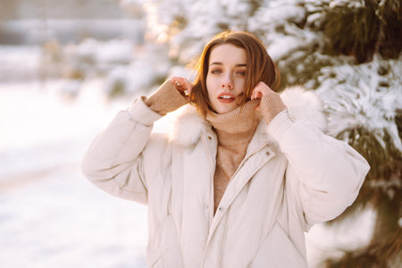 Beautiful woman in winter clothes posing in a snowy park. Young lady walking in a sunny winter day.の写真素材