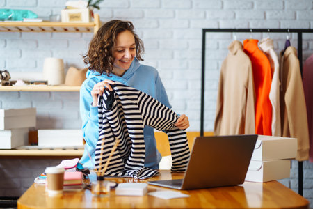 Smiling woman takes notes of orders from laptop. Dropshipping owner works.の写真素材