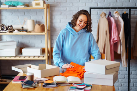 Small business owner, entrepreneur, seller using tablet checking ecommerce clothing store orders.の写真素材