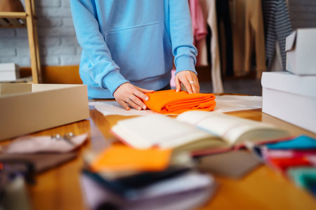 Small business owner, entrepreneur, seller using tablet checking ecommerce clothing store orders.の写真素材