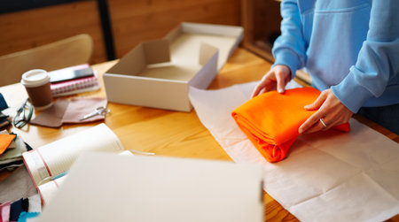 Small business owner, entrepreneur, seller using tablet checking ecommerce clothing store orders.の写真素材