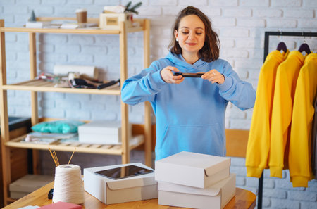 Small business owner, entrepreneur, seller using tablet checking ecommerce clothing store orders.の写真素材