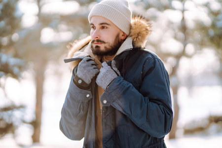 Portrait of young man in snowy winter forest. Season, christmas, travel and people concept.の写真素材