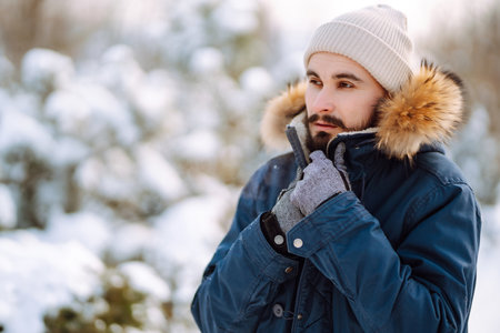 Portrait of young man in snowy winter forest. Season, christmas, travel and people concept.の写真素材
