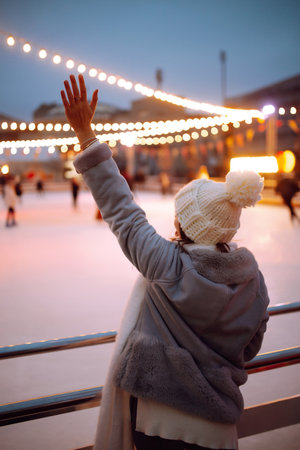 Young woman ice skating on the ice arena in the city square in winter on Christmas Eve. winter holiday.の写真素材