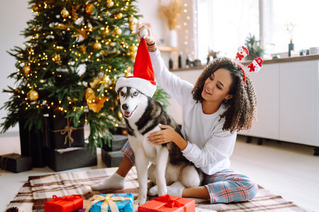 Beautiful woman playing and having fun with her dog while sitting near the christmas tree.の写真素材