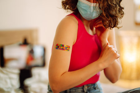 Woman blogger videotapes her vlog at home and speaking about Vaccine for covid-19.の写真素材