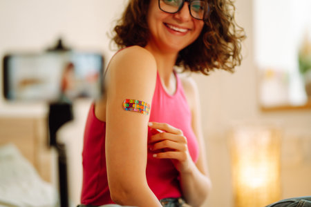Woman blogger videotapes her vlog at home and speaking about Vaccine for covid-19.の写真素材