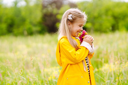 Cute little girl picking wildflowers in the meadow. A child explore nature.の写真素材