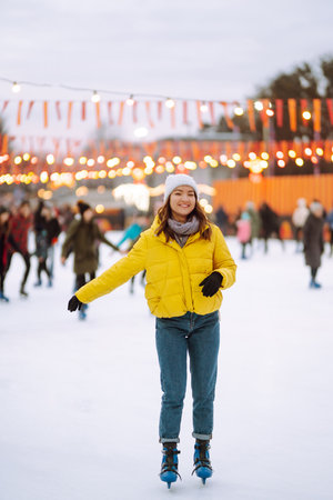 Happy woman ice skating on the ice arena in the city square on Festive Christmas fair. cold weather.の写真素材