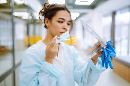 Disease control expert with an Infrared thermometer equipment to check the temperature at office.の写真素材