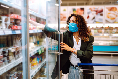 Young woman wearing face mask buying in supermarket. Shopping during the pandemic. Covid-2019.の写真素材