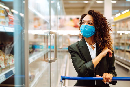 Young woman wearing face mask buying in supermarket. Shopping during the pandemic. Covid-2019.の写真素材