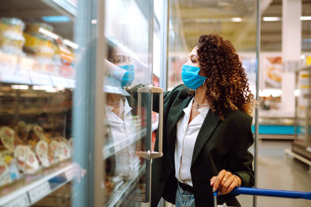 Young woman wearing face mask buying in supermarket. Shopping during the pandemic. Covid-2019.の写真素材