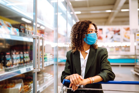 Young woman wearing face mask buying in supermarket. Shopping during the pandemic. Covid-2019.の写真素材
