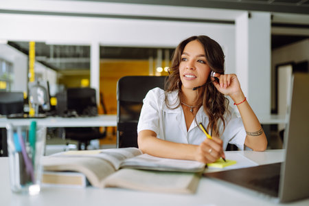 distance learning. Young business woman, student, teacher. E-learning education concept.の写真素材
