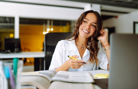 distance learning. Young business woman, student, teacher. E-learning education concept.の写真素材