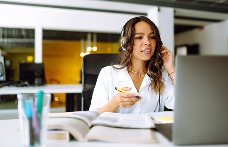 distance learning. Young business woman, student, teacher. E-learning education concept.の写真素材