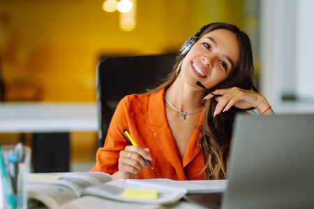 distance learning. Young business woman, student, teacher. E-learning education concept.の写真素材