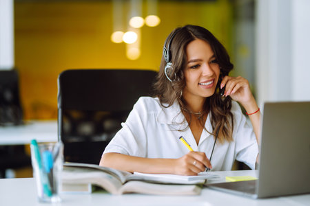 distance learning. Young business woman, student, teacher. E-learning education concept.の写真素材