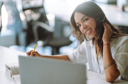 distance learning. Young business woman, student, teacher. E-learning education concept.の写真素材