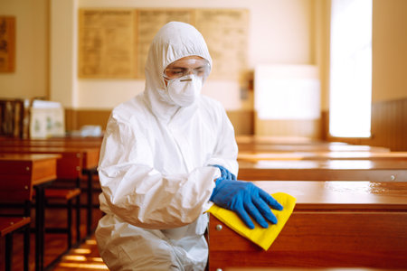 Man in protective hazmat suit washes school desk during coronavirus pandemic. COVID-19.の写真素材