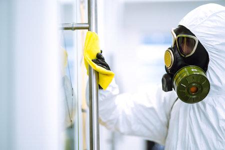 Disinfecting of office to prevent COVID-19, Man in protective hazmat suit with spray chemicals.の写真素材