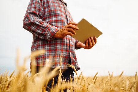 Farmer in the hat checking wheat field progress, holding tablet using internet. digital agriculture.