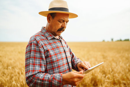 Farmer in the hat checking wheat field progress, holding tablet using internet. digital agriculture.の写真素材
