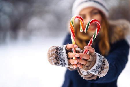 Portrait of girl in a blue jacket and knitted hat and mittens posing at sunset in the winter forest.の写真素材
