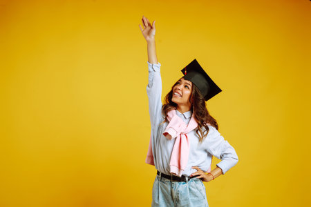 Graduate woman in a graduation hat on her head posing on a yellow background. Study, education, university, college, graduate concept.の写真素材