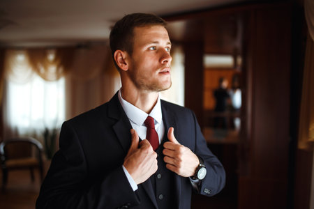 Luxury groom in suit. businessman. Morning Groom Fees. The beginning of the wedding day. Men's fashion.の写真素材