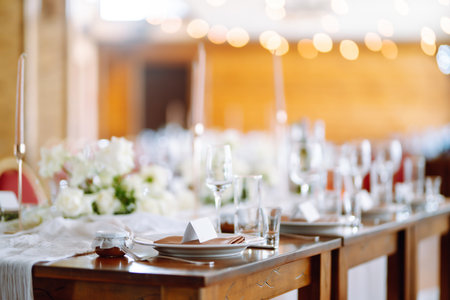 Beautiful table setting for a party, wedding reception or other festive event. Banquet setting,...