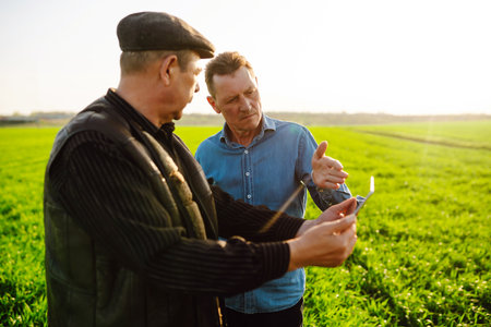 Two Farmers uses a specialized app on a digital tablet for checking wheat. Agriculture and ecology...