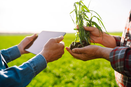 Two Farmers uses a specialized app on a digital tablet for checking wheat. Agriculture and ecology concept.の写真素材
