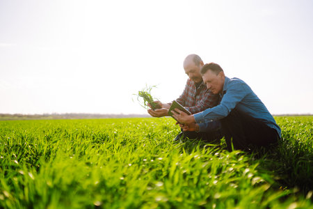 Two Farmers uses a specialized app on a digital tablet for checking wheat. Agriculture and ecology...