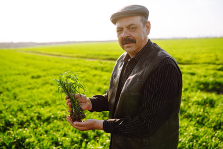 Farmer with a digital tablet in his hands, checks the condition of young wheat in the field. Rich...