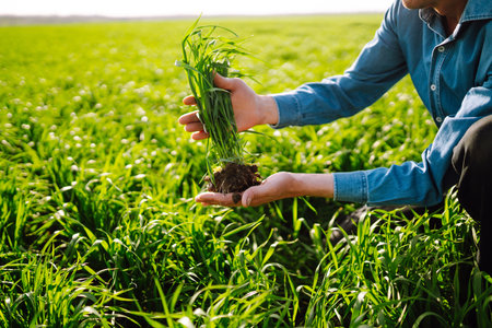 Farmer with a digital tablet in his hands, checks the condition of young wheat in the field. Rich...