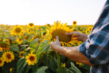 Farmer examining crop in the sunflower field. Harvesting, organic farming conceptの写真素材