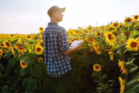 Farmer examining crop in the sunflower field. Harvesting, organic farming concept